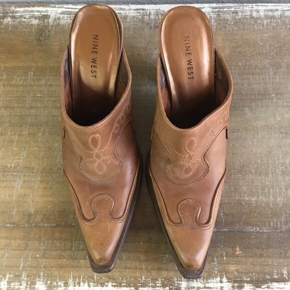 Vintage Y2K Western Cowgirl Rodeo Boho Tan Leather Pointed Chunky Heel Shoes 8.5 - Picture 3 of 8